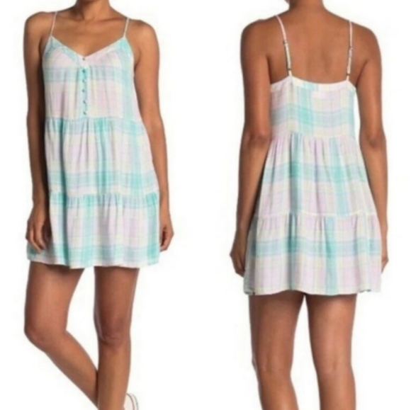 Abound Pastel Plaid Tiered Sun Slip Dress M - Picture 2 of 7